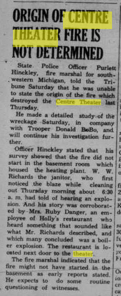 Centre Theater - Feb 5 1945 Article On Fire Investigation (newer photo)